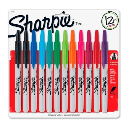 Sandford Ink Sharpie Retractable Permanent Marker, Fine Point, Assorted Ink, 12/Set 32707